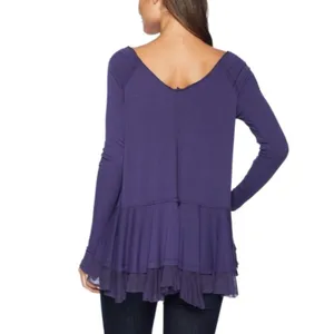 Free People NEW We The Free Tangerine Long Sleeve Peplum Flowy Boho Tee in Violet - Size L thumbnail 2