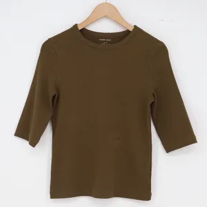 Paper Label T-Shirt Womens Medium Ribbed 3/4 Sleeve Olive Green Stretch thumbnail 1