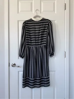 Vintage Union Made Striped Black & Gray Long-Sleeve Academia Dress Made in USA thumbnail 2