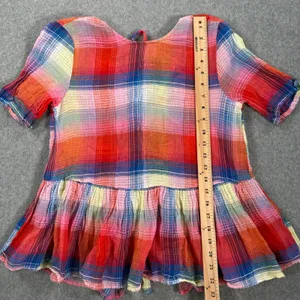Zara Plaid Tie Back Peplum Shirt Womens Small Red Short Sleeve Ruffle Round Neck thumbnail 5