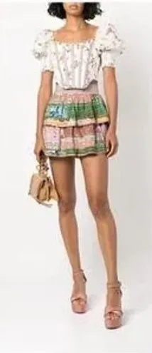Alice and Olivia Multi Color Tiered Floral Patchwork Mini Skirt Smocked Waist thumbnail 1