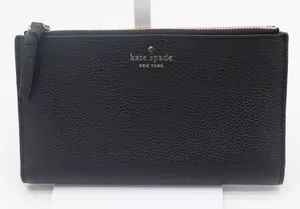 Kate Spade Wallet Womens Large Slim Bifold Black Pebbled Leather Gold Logo Exc thumbnail 1