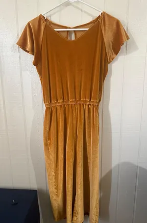 Mustard Gold Velvet Flutter Sleeve Wide Leg Jumpsuit XL 14 Holiday Party thumbnail 1