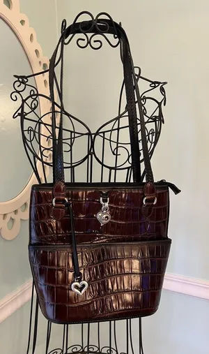 BRIGHTON Black Brown Croc Leather Bucket Tote Shoulder Handbag Double Handles‎ thumbnail 1