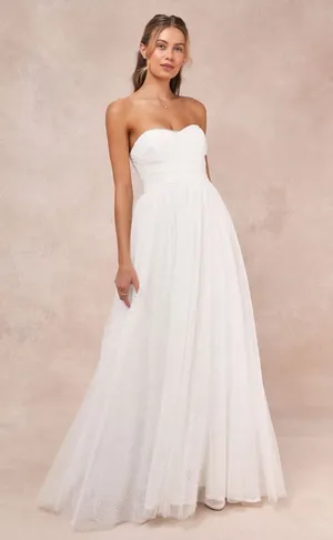 Lulus Blissful Forever White Tulle Lace Strapless Pleated Wedding Dress Small thumbnail 1
