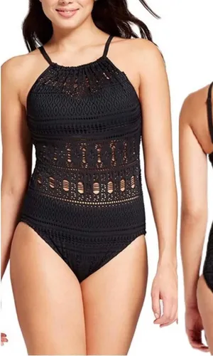 Aqua Green Crochet High Neck Black One Piece Swimsuit Medium thumbnail 1
