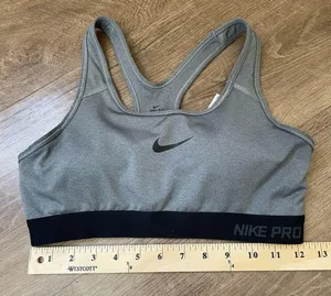 Nike Dri Fit Sports Bra Removable Pads Grey Black Swoosh Racerback ~ Size M thumbnail 11