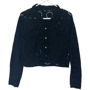 Zara Black Boxy Eyelet Long Sleeve Jacket Top thumbnail 1