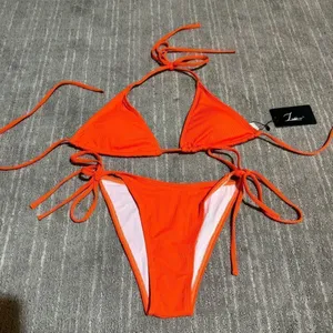 Zuvebamyo Bright Orange Ribbed Triangle String Tie Bikini‎ Small NWT Orange thumbnail 1