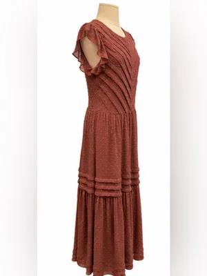 Bohme Swiss Dot Tiered Maxi Dress Rust Mauve Size Medium NWOT thumbnail 2