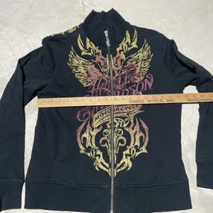 Y2K Harley Davidson Women's SZ L Sweatshirt Black Collar Applique Zip AOP thumbnail 5