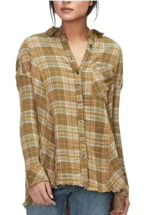 Free People Juniper Ridge Olive Green Plaid Flannel thumbnail 1