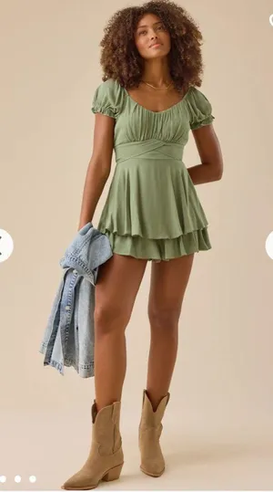 Altar’d State Haisley Layered Crossover Romper Sage Green Swiss Dot XL thumbnail 3