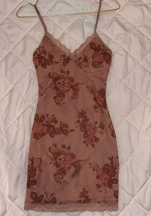 Forever 21 Floral Lace Trim Slip Dress | Brown Mesh Mini Dress | XS thumbnail 1