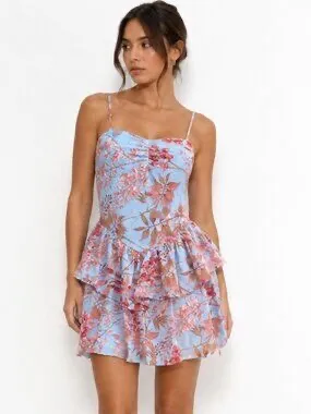 Liberty Love Blue Floral Tiered Ruffle Mini Dress Whimsical Boho Chic Size L thumbnail 9