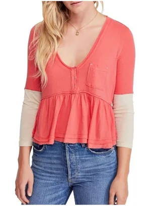 Free People Women's Colorblock Cotton Peplum Cropped Top Size Small thumbnail 1