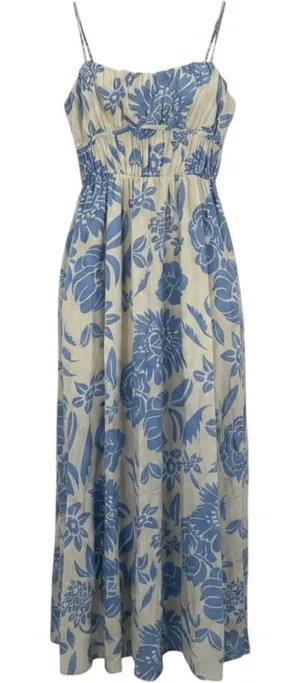 Indikah Blue White Floral Milkmaid Midi Maxi Dress Small Summer Boho Cottagecore thumbnail 1