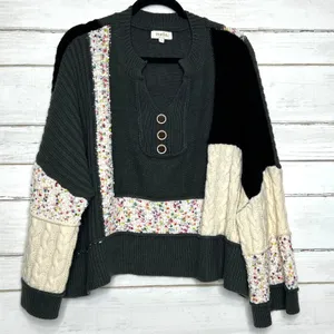 Mello Patchwork Sweater Colorblock Knit Henley Boho Size Small Gray thumbnail 1