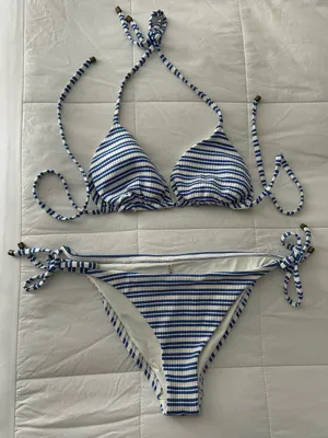 Vitamin A Blue and White Striped Triangle Bikini thumbnail 1