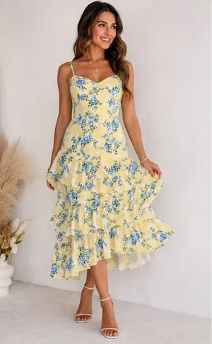 Abercrombie & Fitch Yellow Floral Tiered Midi Dress with Blue Accents thumbnail 1