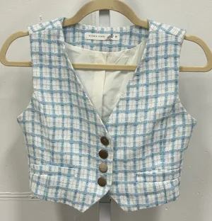 Altar'd State Womens' Blue White Plaid Cropped Tweed Vest Sleeveless Top Size XS thumbnail 1