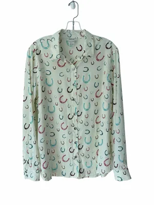 Ariat Western Horseshoe Print Cream Ivory Button Down Blouse Top Large thumbnail 4