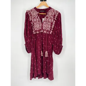 NWT Zara‎ Boho Embroidered Tassel Mini Dress XS Wine Red Peasant thumbnail 3