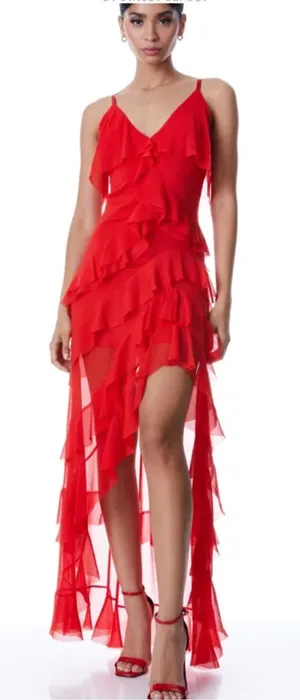 Alice + Olivia Laverne Asymmetrical Ruffle Maxi Dress Red size 2 thumbnail 1