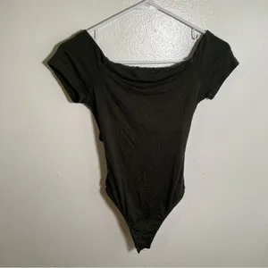 Lush Women's Size Small Off Shoulder Bodysuit Dark Green Open Cross Back Stretch thumbnail 6