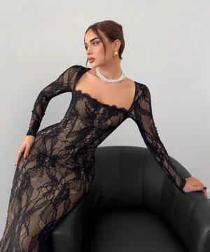 SHEIN Black Lace Maxi Dress with Long Sleeves thumbnail 1