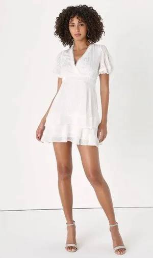 Lulus Adorable Essence White Striped Puff Sleeve Mini Dress XL Nwt thumbnail 1