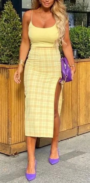 Zara sz S Gingham Yellow Plaid High Rise Split Midi Skirt Retro Mod Bloggers Fav thumbnail 1