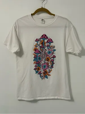 Skeleton Mushroom Flower 100% Cotton T-Shirt Sz M thumbnail 1