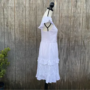 LEANI White Ruffle Smocked Babydoll Lined Tiered Mini Dress Size L thumbnail 6