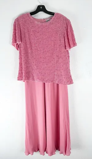 ADRIANNA PAPELL 100% Silk 2 Piece Beaded Shoulder Padded Top Maxi Skirt Size 16 thumbnail 1