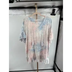 Surf Gypsy Eyelet Tie Dye Tassel Beach Dress Ruffle Flutter Sleeve M thumbnail 7