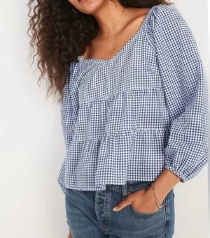 Old Navy blue gingham cotton tiered swing blouse small thumbnail 1
