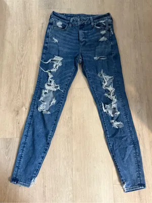American Eagle Curvy Jegging Jeans Women’s 4 Long Distressed Ripped Stretch Blue thumbnail 1