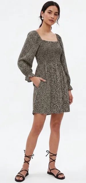 Madewell Black Floral Smocked Mini Dress Medium Cottagecore Puff Sleeve thumbnail 1