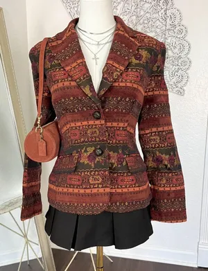 Evelyn Vintage Tapestry Style Blazer Jacket Rust Orange Floral Woven Design S thumbnail 1