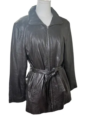 Leather Jacket‎ Belted Zip Front Mid Length Colebrook Black Women L thumbnail 1