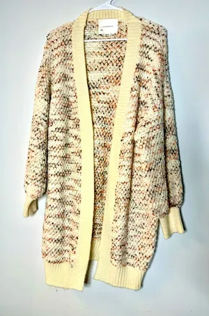 Anthropologie Cream and Brown Textured Knit‎ Cardigan thumbnail 1