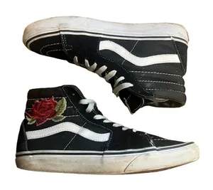 Vans Sk8-Hi Black‎ Suede High Top Rose Embroidered Unisex Sneakers M6.5 / W8.0 thumbnail 1