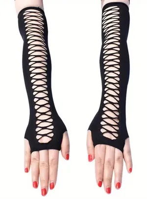 Vintage Hollow Out Black Elastic Arm Cover Fingerless Elbow Sleeves One‎ Size thumbnail 1
