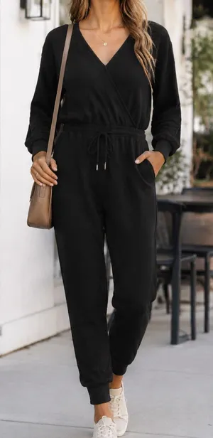L*Space Black Coastin' Jumpsuit Ribbed Long Sleeve Black Lounge Size Large L thumbnail 1
