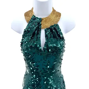 VTG 100% Silk Green Sequin Keyhole‎ Cocktail Dress Open Back Gold Bead Neck 2 thumbnail 2