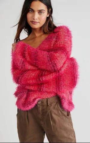 Free People Gelato Pullover Sweater Fuzzy Star Pink Combo Boxy Crop Sz S Small thumbnail 1