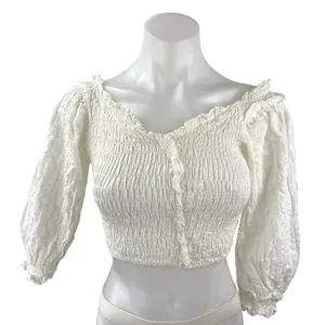 Zara Women's White Smocked Ruffle V Neck Half Sleeve Blouse Crop Top Size S thumbnail 1