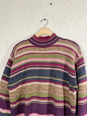Tiara International Vintage Mock Neck Knit Sweater Grandma in Multi Stripe X thumbnail 2