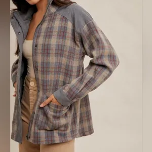 Hem and Thread Blue And Tan Plaid corduroy and twill shacket. Size Large thumbnail 9